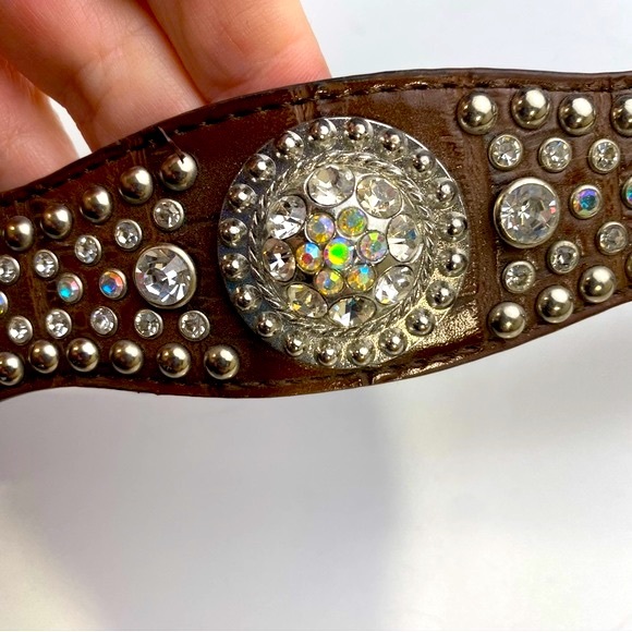 Nocona Y2K Vintage Bling Brown Silver Rhinestones Iridescent Jewel Vintage Belt - Picture 8 of 16